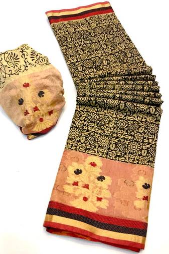 Koram Cream Cotton Silk And  Printed Design Sareee With Blouse For Women