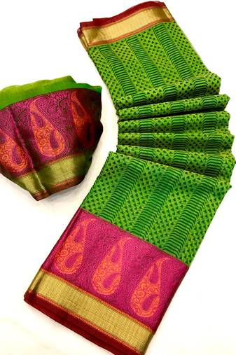 Koram Light Green Cotton Silk And  Printed Design Sareee With Blouse For Women