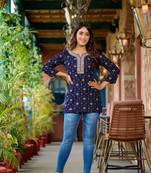 Dark blue bandhani print mirror work festive short kurtis