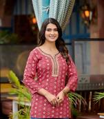 Rose pink geormetric print mirror work festive short kurtis