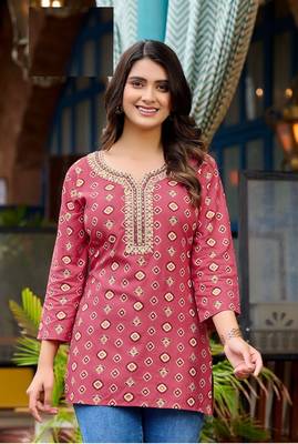 Rose pink geormetric print mirror work festive short kurtis 2