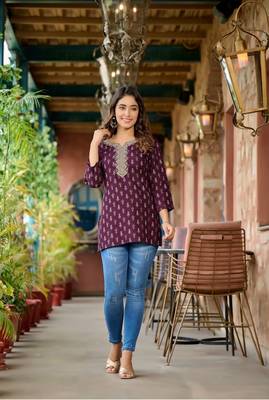 Wine printed mirror work festive short kurtis 1