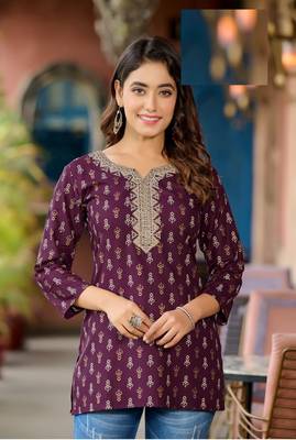 Wine printed mirror work festive short kurtis 2
