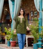 Green printed mirror work festive short kurtis