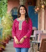 Pink printed mirror work festive short kurtis