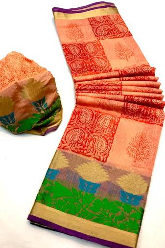 Koram Peach Cotton Silk And  Printed Design Sareee With Blouse For Women