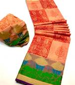 Koram Peach Cotton Silk And  Printed Design Sareee With Blouse For Women