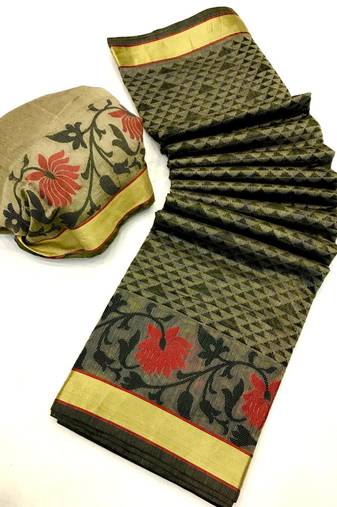 Koram Black Cotton Silk And  Printed Design Sareee With Blouse For Women