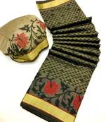 Koram Black Cotton Silk And  Printed Design Sareee With Blouse For Women