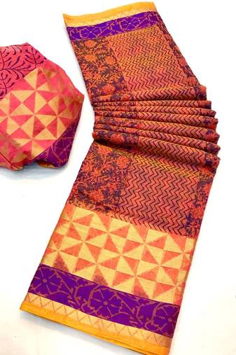 Koram Maroon Cotton Silk And  Printed Design Sareee With Blouse For Women