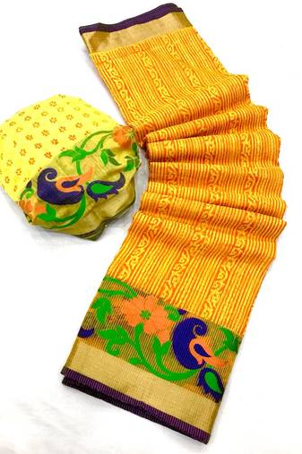 Koram Light Yellow Cotton Silk And  Printed Design Sareee With Blouse For Women