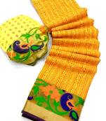 Koram Light Yellow Cotton Silk And  Printed Design Sareee With Blouse For Women