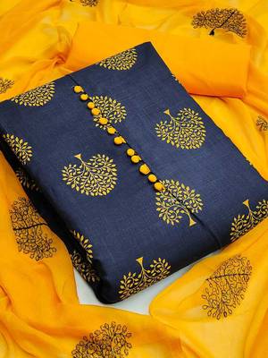 Leeza Store Women's Navy Blue Slub Cotton Printed Cotton Suit Dress Material With Nazmeen Dupatta 1