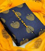 Leeza Store Women's Navy Blue Slub Cotton Printed Cotton Suit Dress Material With Nazmeen Dupatta