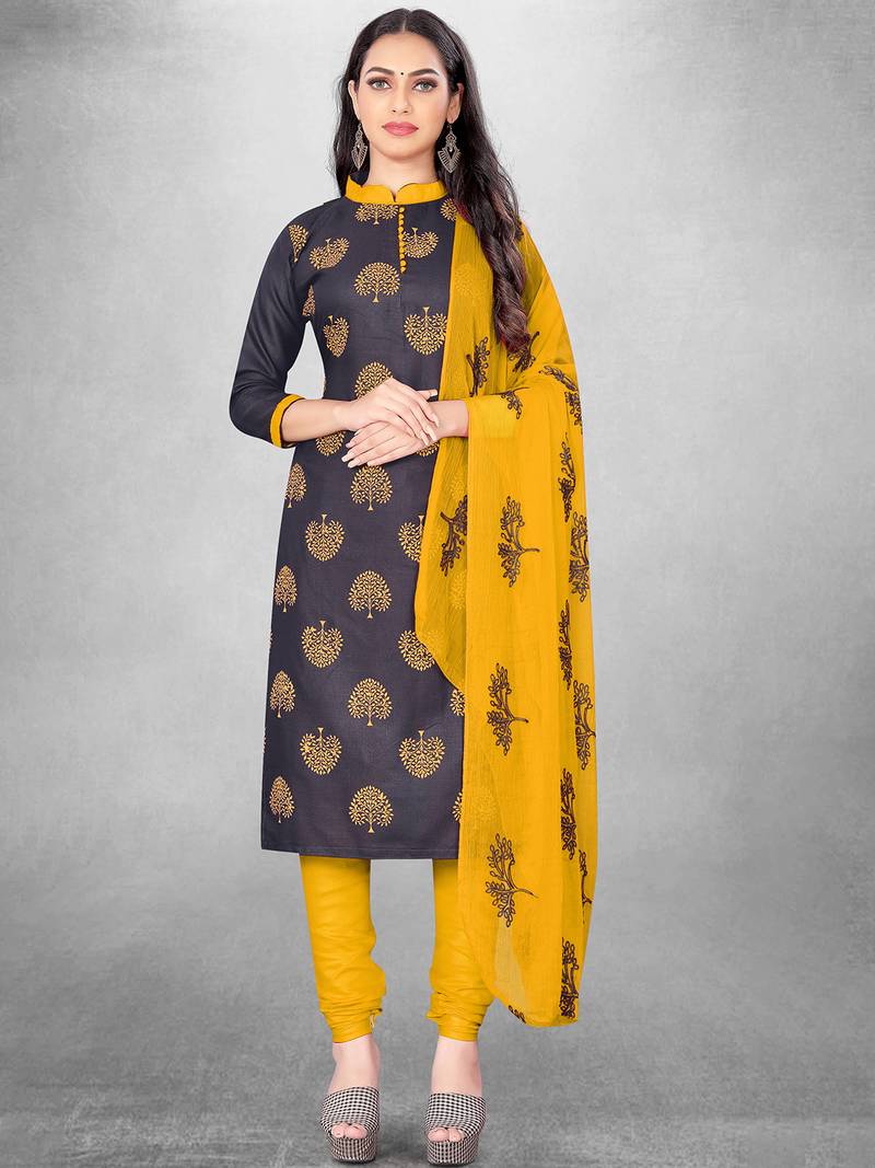 Leeza Store Women's Navy Blue Slub Cotton Printed Cotton Suit Dress Material With Nazmeen Dupatta