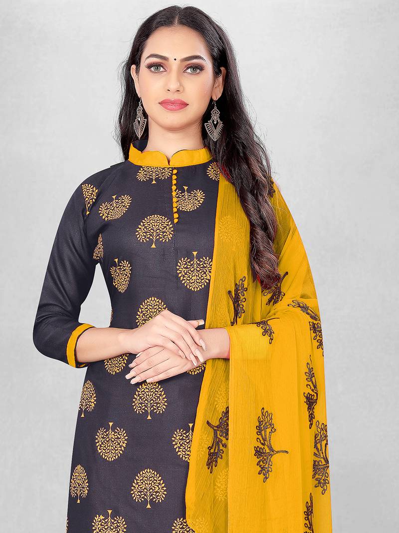 Leeza Store Women's Navy Blue Slub Cotton Printed Cotton Suit Dress Material With Nazmeen Dupatta