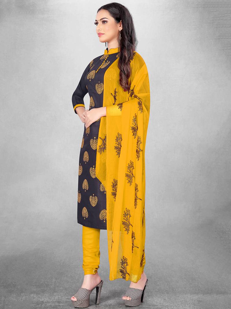 Leeza Store Women's Navy Blue Slub Cotton Printed Cotton Suit Dress Material With Nazmeen Dupatta