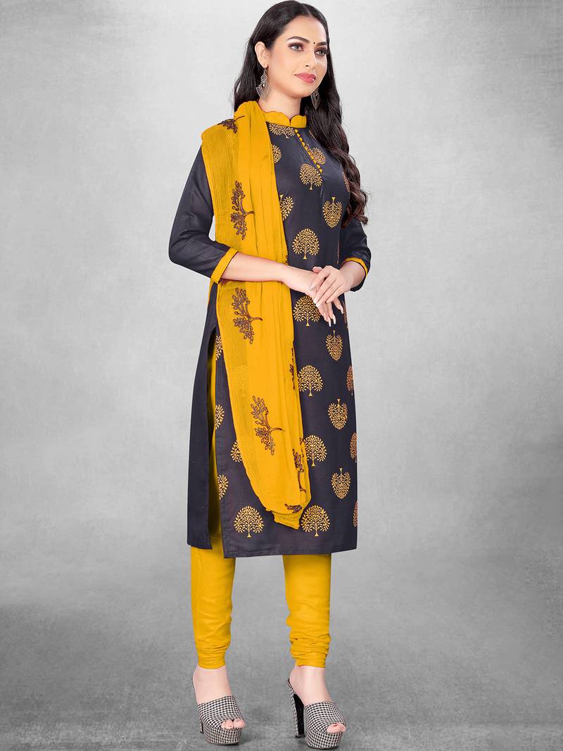 Leeza Store Women's Navy Blue Slub Cotton Printed Cotton Suit Dress Material With Nazmeen Dupatta