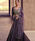 Purple Embroidered Chinnon Silk Circular Lehenga with Blouse ( Size Upto 42)