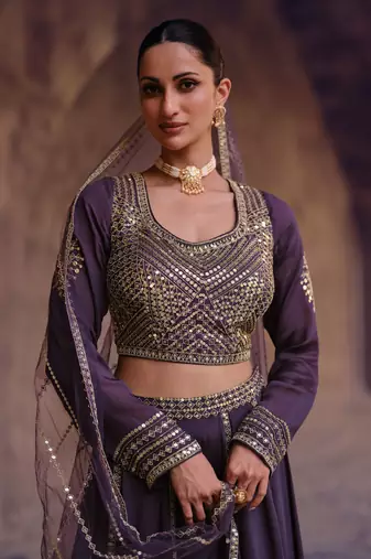 Purple Embroidered Chinnon Silk Circular Lehenga with Blouse ( Size Upto 42)