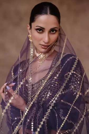 Purple Embroidered Chinnon Silk Circular Lehenga with Blouse ( Size Upto 42)