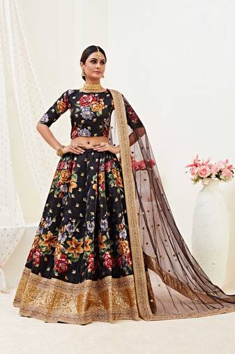 Black Embroidered And Digital Printed Banglori Satin Circular Lehenga with Blouse