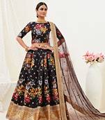 Black Embroidered And Digital Printed Banglori Satin Circular Lehenga with Blouse