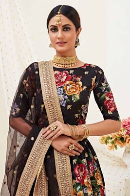 Black Embroidered And Digital Printed Banglori Satin Circular Lehenga with Blouse 2