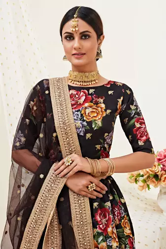 Black Embroidered And Digital Printed Banglori Satin Circular Lehenga with Blouse