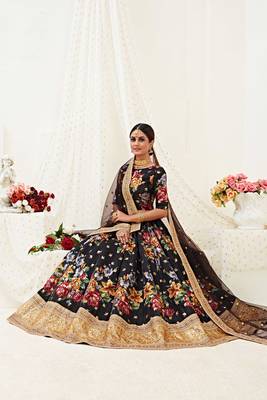Black Embroidered And Digital Printed Banglori Satin Circular Lehenga with Blouse 3