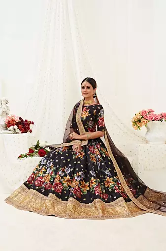 Black Embroidered And Digital Printed Banglori Satin Circular Lehenga with Blouse