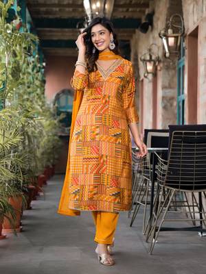 Women Orange Chanderi Silk Printed Embroidered Kurta Pant Dupatta Set 1