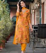 Women Orange Chanderi Silk Printed Embroidered Kurta Pant Dupatta Set