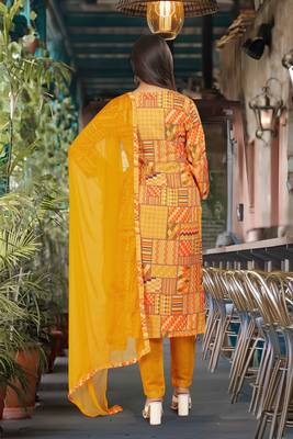 Women Orange Chanderi Silk Printed Embroidered Kurta Pant Dupatta Set 2