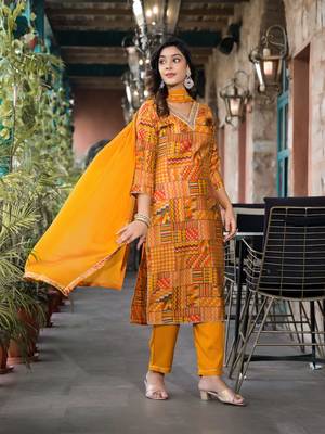 Women Orange Chanderi Silk Printed Embroidered Kurta Pant Dupatta Set 3