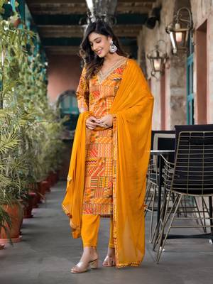 Women Orange Chanderi Silk Printed Embroidered Kurta Pant Dupatta Set 4