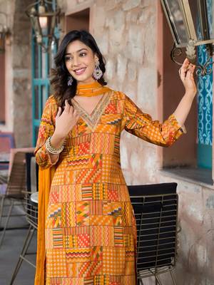 Women Orange Chanderi Silk Printed Embroidered Kurta Pant Dupatta Set 5