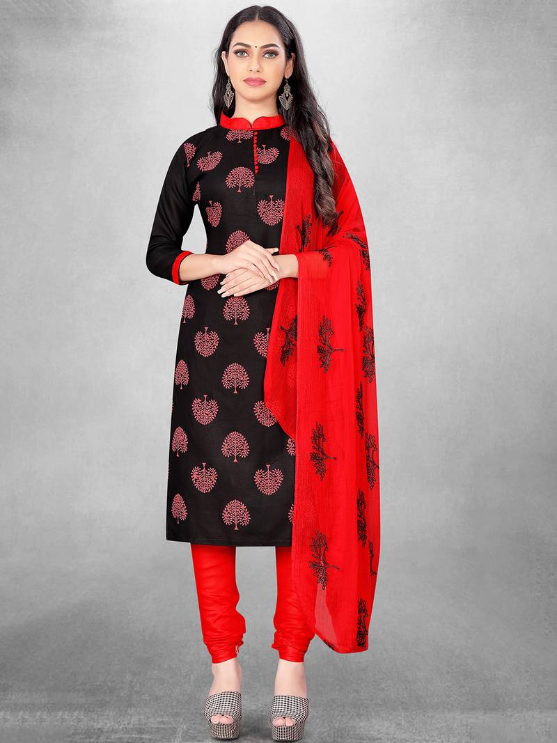 Leeza Store Women's Black Slub Cotton Printed Cotton Suit Dress Material With Nazmeen Dupatta
