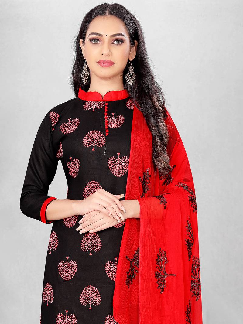 Leeza Store Women's Black Slub Cotton Printed Cotton Suit Dress Material With Nazmeen Dupatta