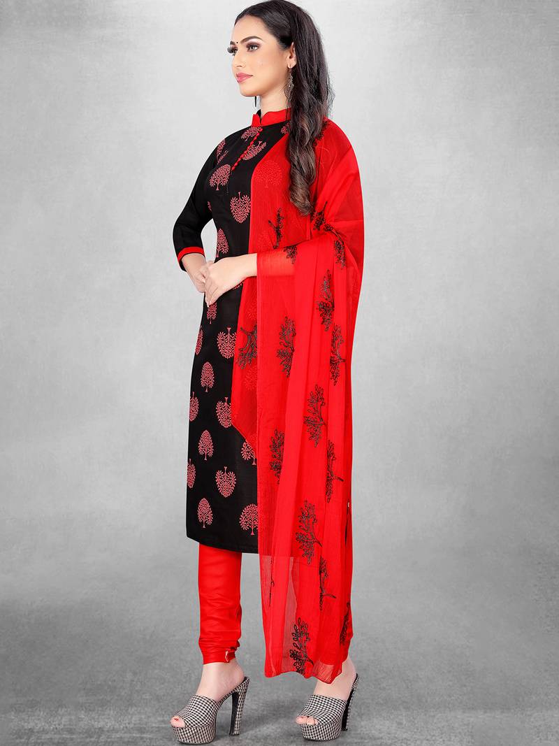 Leeza Store Women's Black Slub Cotton Printed Cotton Suit Dress Material With Nazmeen Dupatta