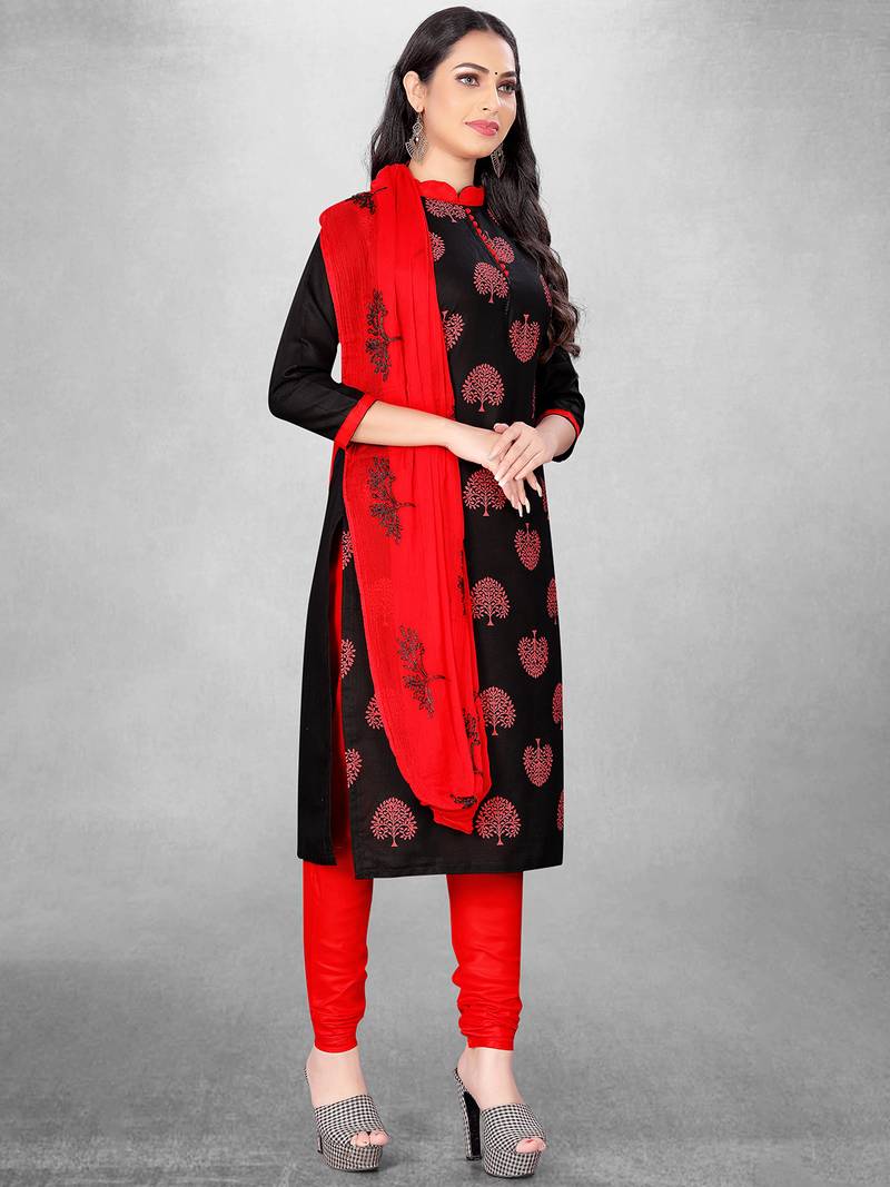 Leeza Store Women's Black Slub Cotton Printed Cotton Suit Dress Material With Nazmeen Dupatta