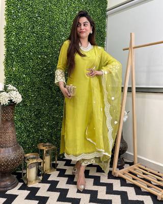 Lemon Laced Chanderi Cotton Embroidered Kurta Pant Dupatta Set 1