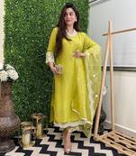 Lemon Laced Chanderi Cotton Embroidered Kurta Pant Dupatta Set