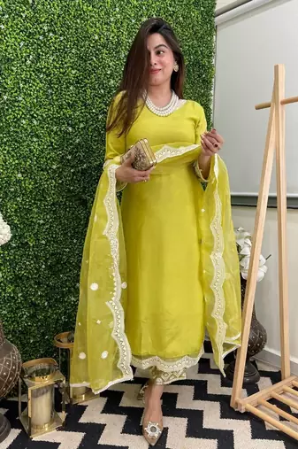 Lemon Laced Chanderi Cotton Embroidered Kurta Pant Dupatta Set