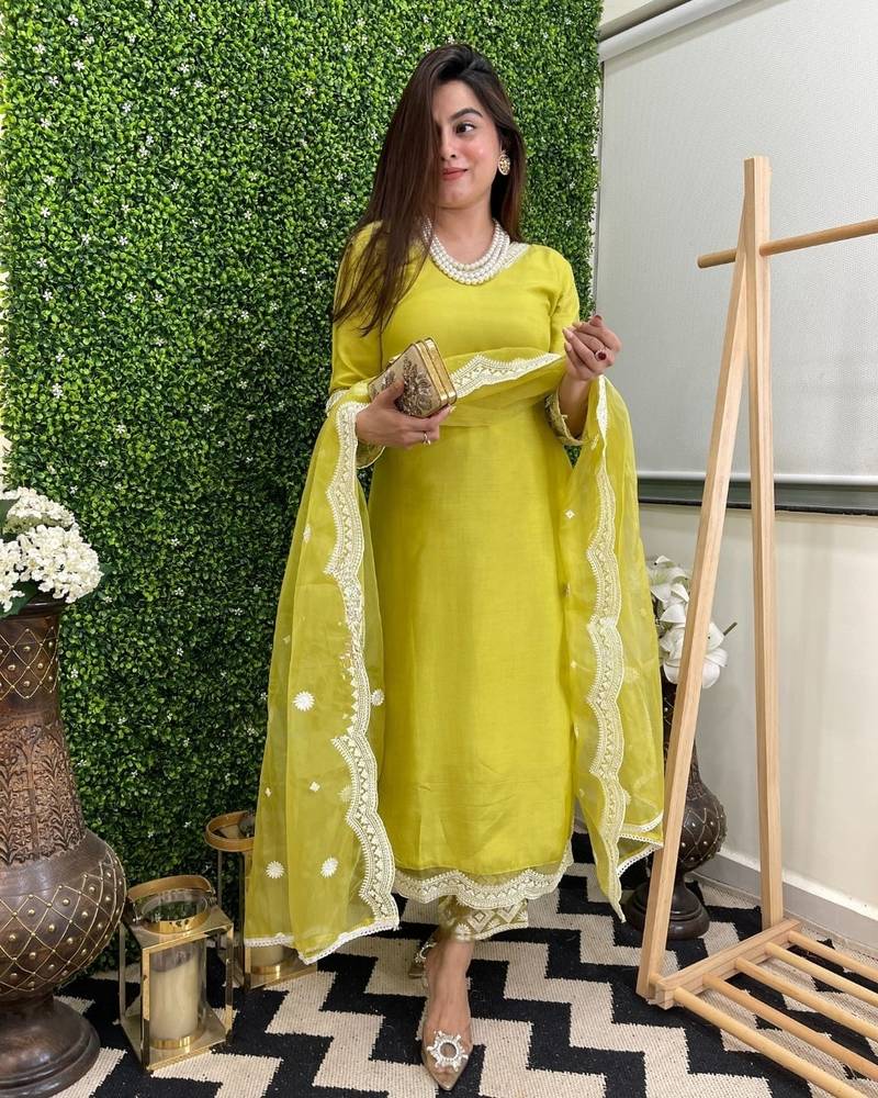 Lemon Laced Chanderi Cotton Embroidered Kurta Pant Dupatta Set