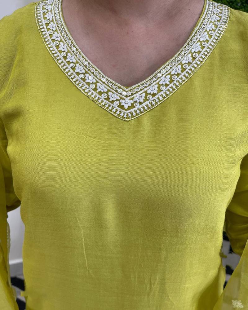 Lemon Laced Chanderi Cotton Embroidered Kurta Pant Dupatta Set