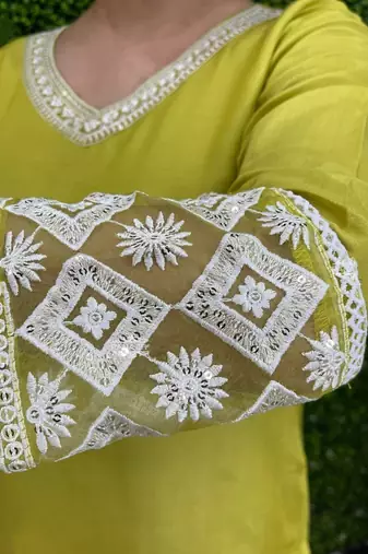 Lemon Laced Chanderi Cotton Embroidered Kurta Pant Dupatta Set