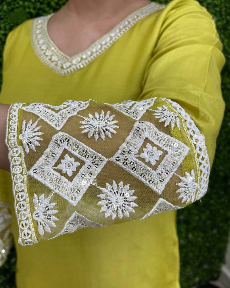 Lemon Laced Chanderi Cotton Embroidered Kurta Pant Dupatta Set