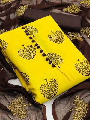 Leeza Store Women's Yellow Slub Cotton Printed Cotton Suit Dress Material With Nazmeen Dupatta 1