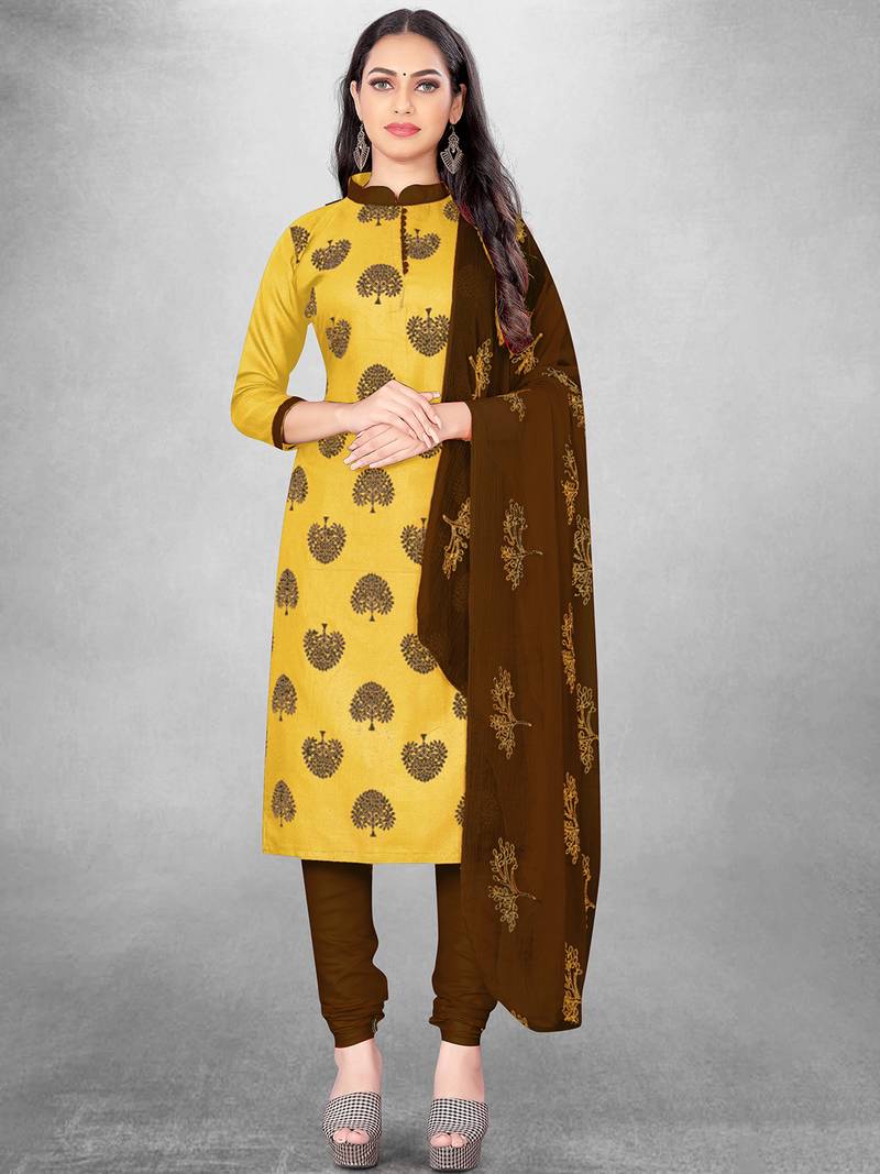 Leeza Store Women's Yellow Slub Cotton Printed Cotton Suit Dress Material With Nazmeen Dupatta